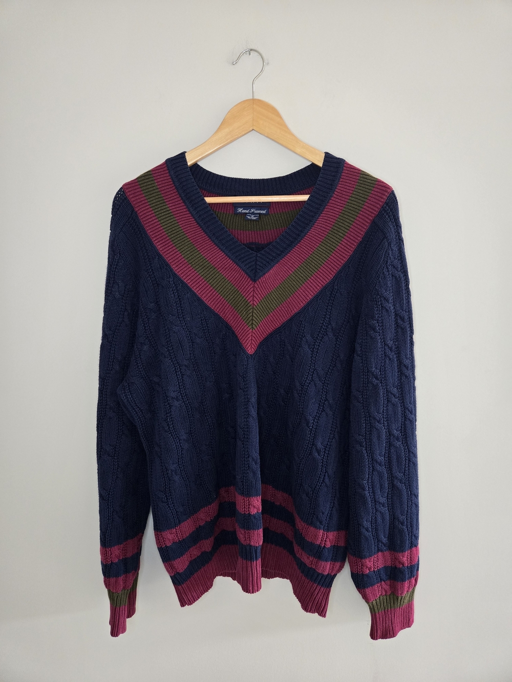 GANT Hand Framed 100% cotton cable knit v-neck sweater, navy, burgundy, medium